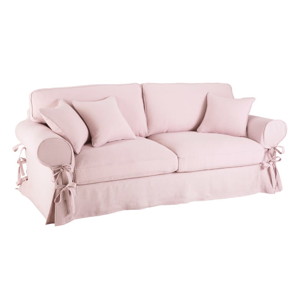 Pink 3/4Seater Linen Sofa Bed, 12 cm mattress Butterfly Maisons du Monde