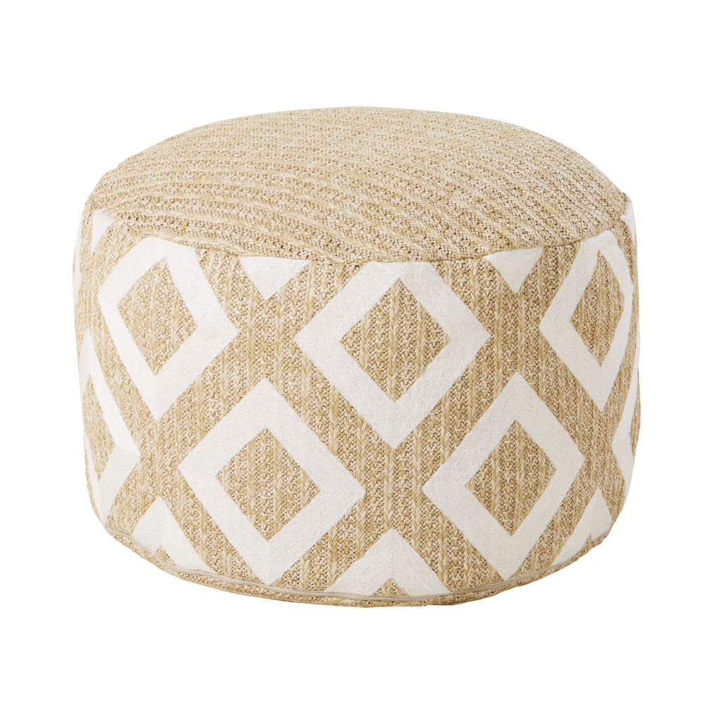 Pouf d'extérieur tressé beige motifs graphiques blancs Veda Maisons