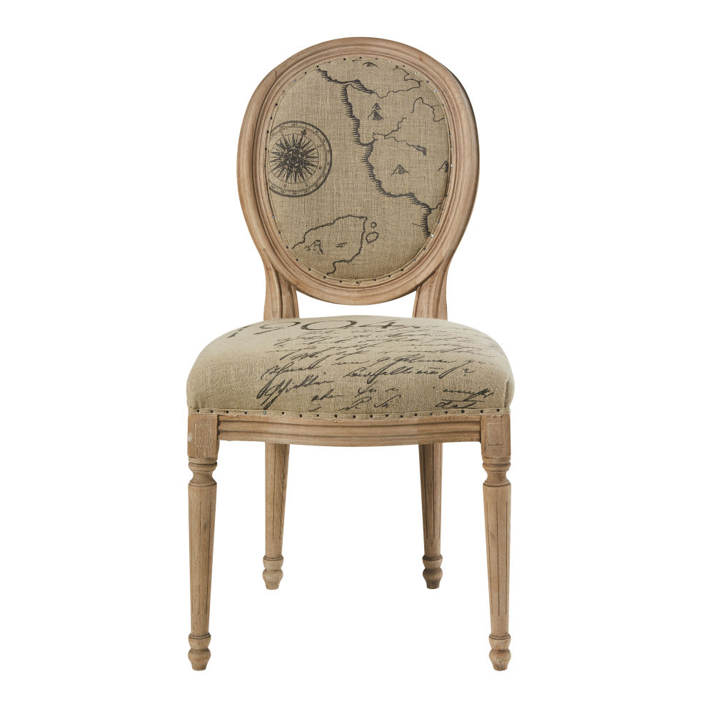 Printed Linen and Solid Oak Medallion Chair Louis | Maisons du Monde