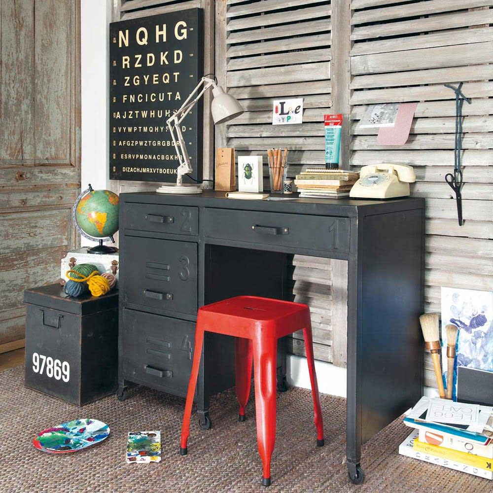 Rollschreibtisch im Industrial-Stil aus Metall, schwarz, B104 Edison