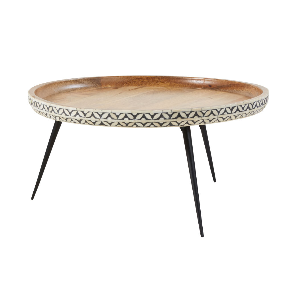 Round Black Metal and Carved Solid Mango Wood Coffee Table ...