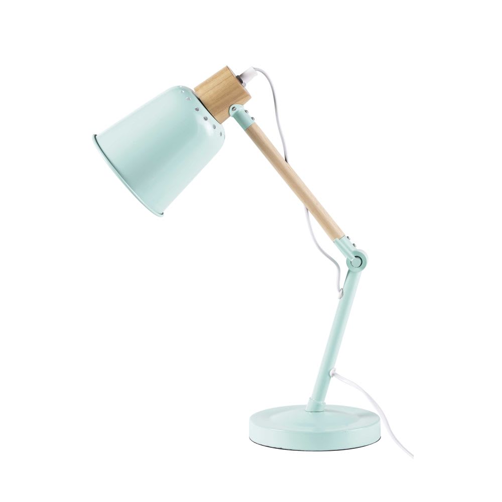Rubber Wood And Green Metal Desk Lamp