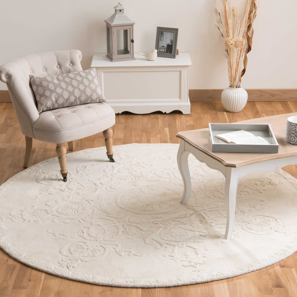 woollen low pile round rug in ecru D 200cm Sculpture Maisons du Monde