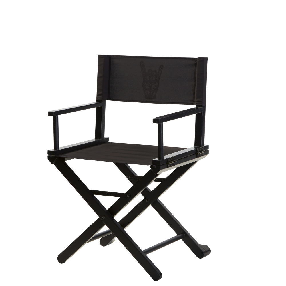 Silla de cine de acacia y tela negra con estampado de mano Rebel