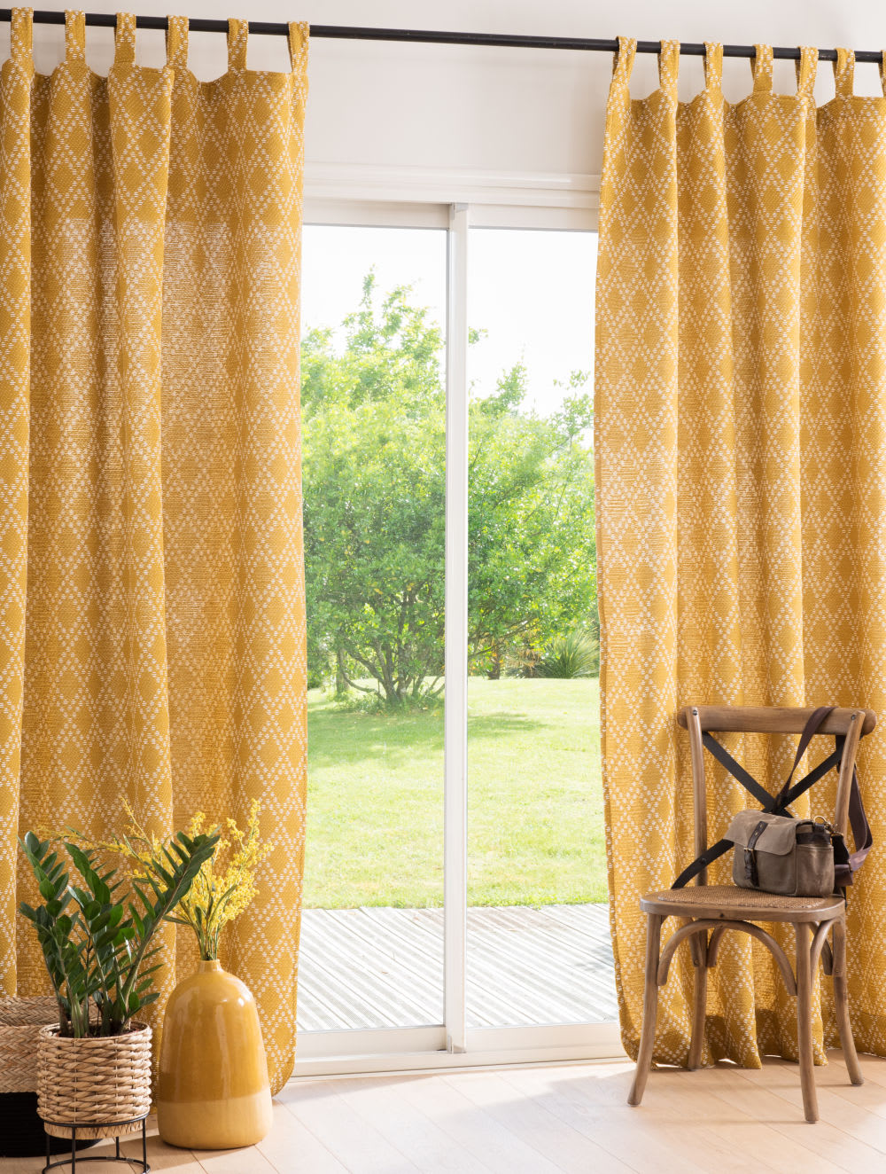 Single Ecru and Mustard Yellow Tab Top Curtain 140x250 Gypsophile