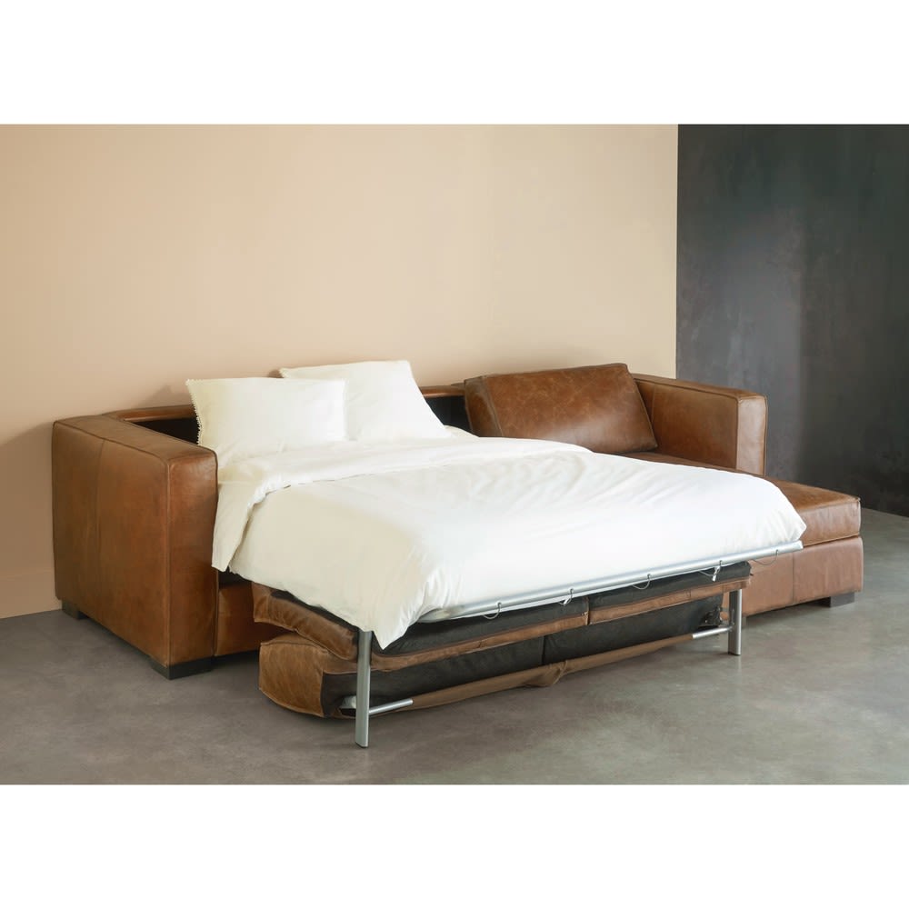 Sofá cama esquinero a derechas de 4 plazas de piel marrón Maisons du