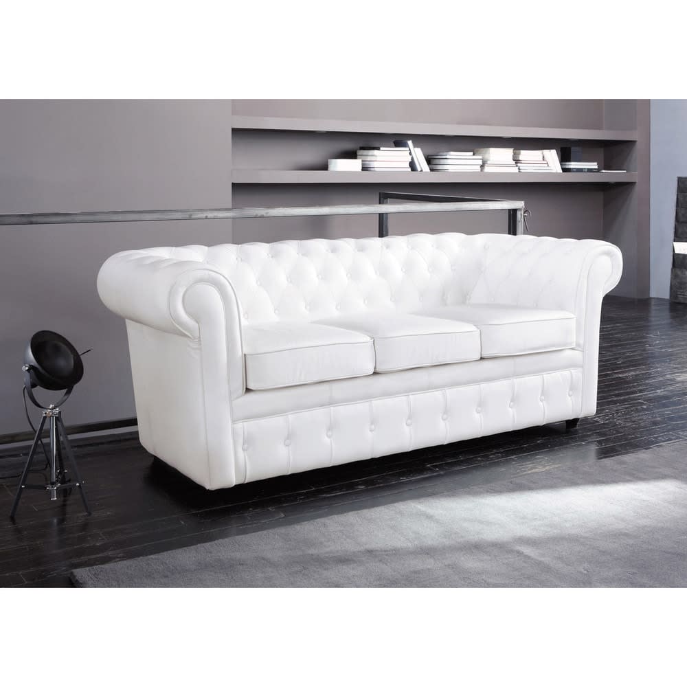 Sofá capitoné de 3 plazas de cuero blanco Chesterfield Maisons du Monde