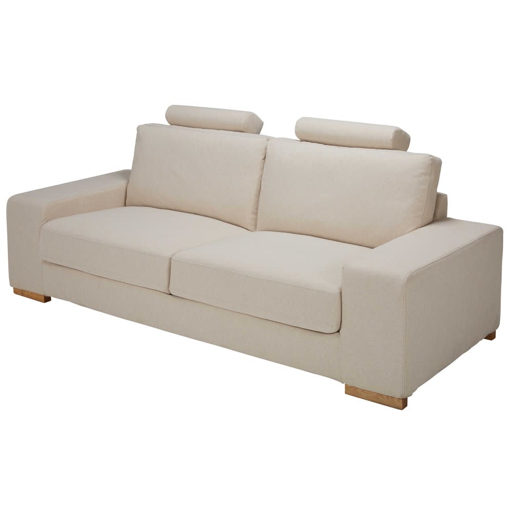 Sofá convertible de 3 plazas con reposacabezas de tela beige mezclilla