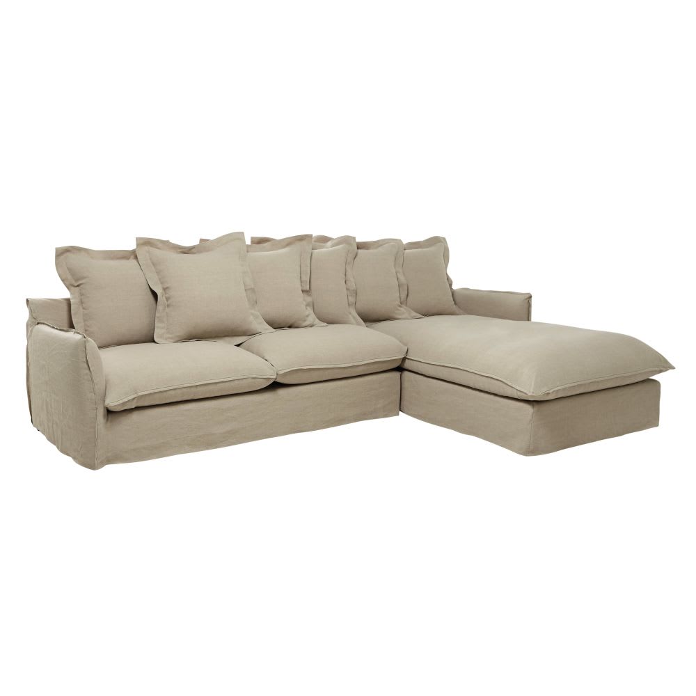 Sofá esquinero derecho convertible de 6 plazas de lino lavado Barcelone