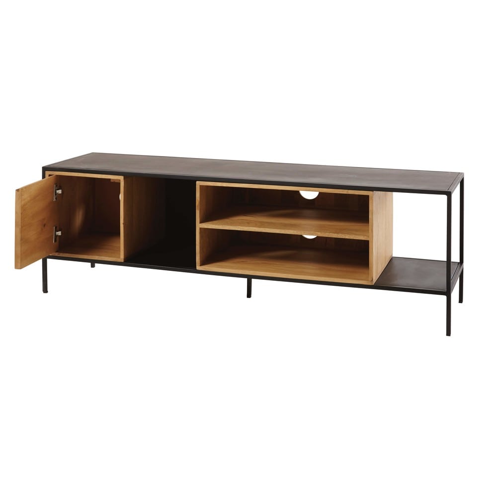 Solid Mango Wood and Black Metal 1Door TV Wayampi Maisons du