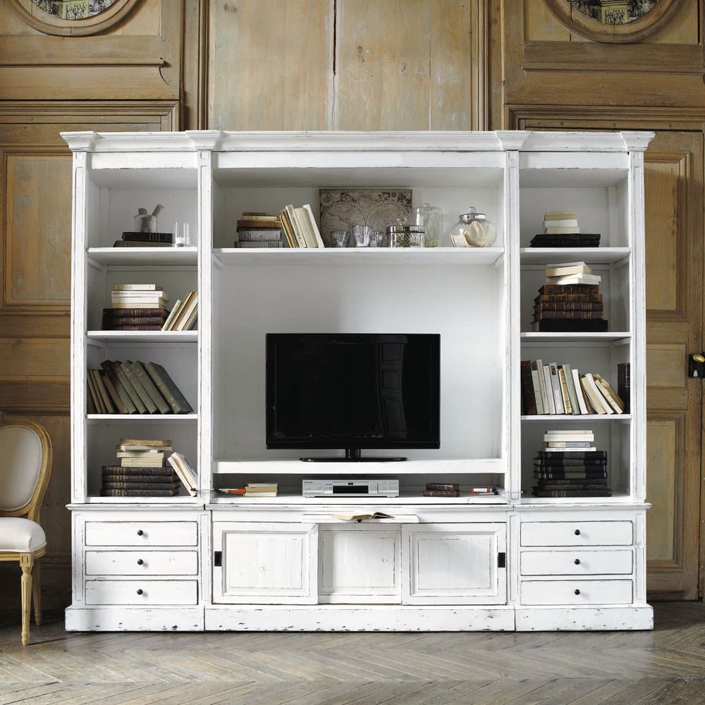 Solid wood TV unit bookcase in ivory W 264cm Passy Maisons du Monde