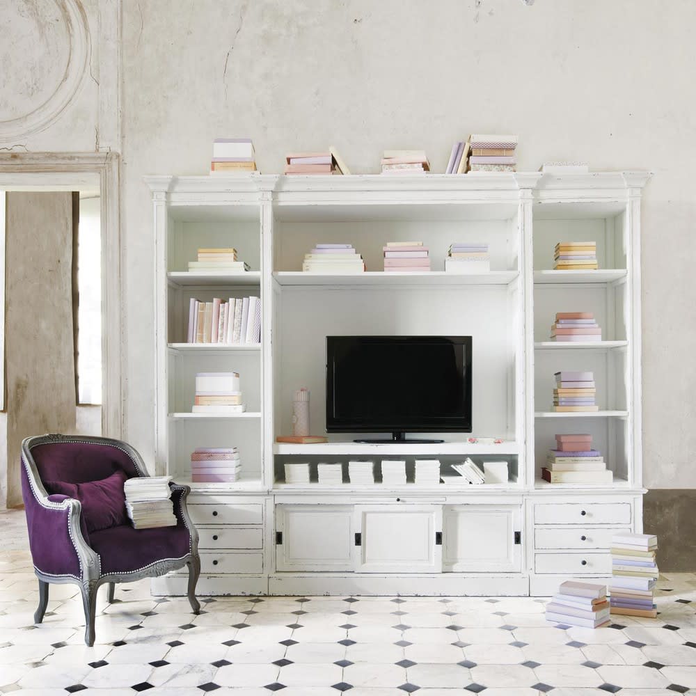Solid wood TV unit bookcase in ivory W 264cm Passy Maisons du Monde