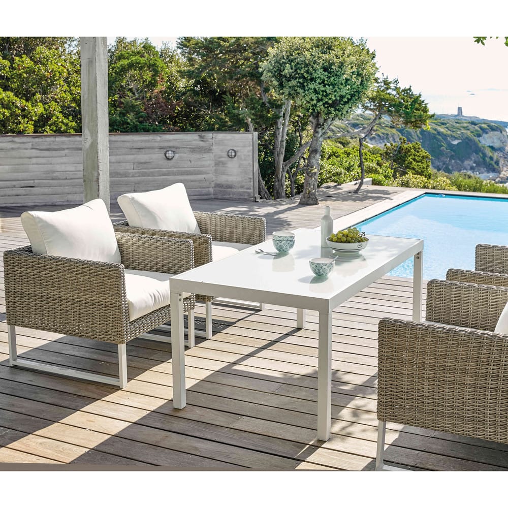 Table de jardin en verre et aluminium blanc 4 personnes Santorin