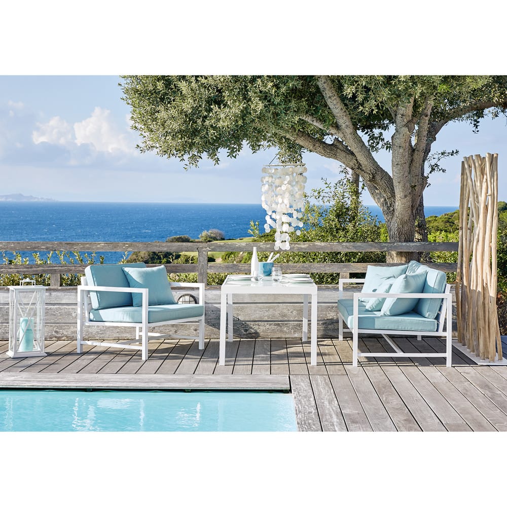 Table de jardin en verre et aluminium blanc 4 personnes Santorin