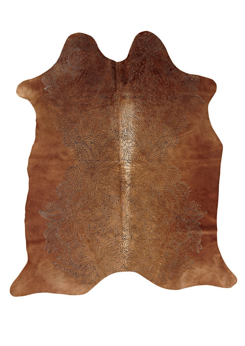 Teppich aus kastanienbraunem Kuhleder mit grafischen Motiven in Schwarz