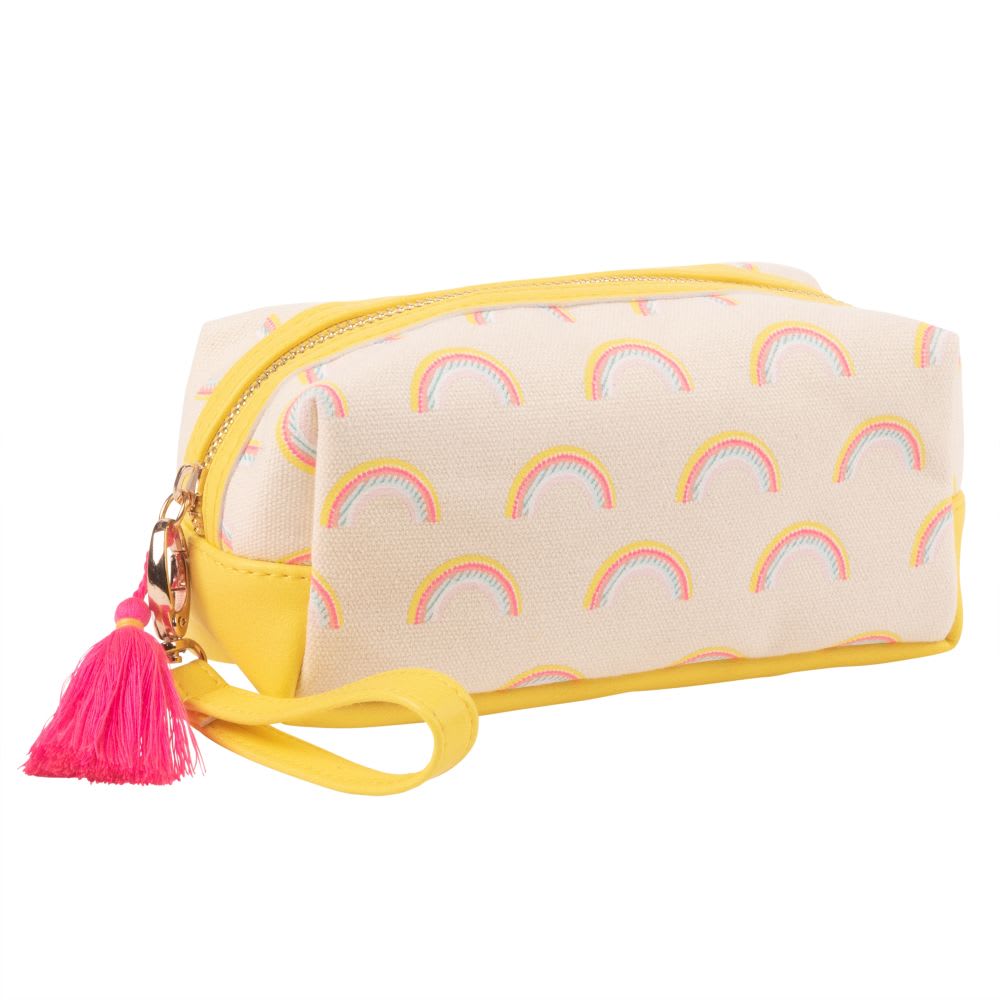 Trousse écrue et jaune imprimé arc-en-ciel et pompon rose ...