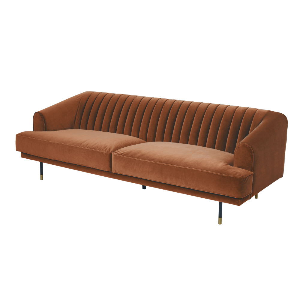 Vintage 3-Seater Burnt Orange Velvet Sofa Costello | Maisons du Monde