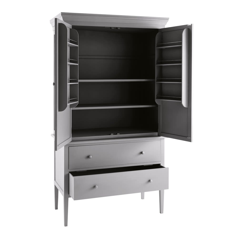 Vorratsschrank mit 2 Türen und 2 Schubladen aus grauem Birkenholz