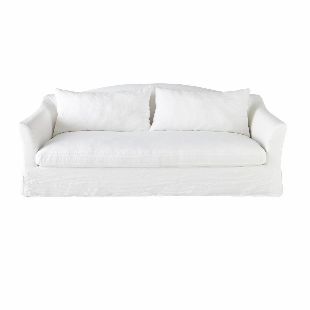 White 4Seater Washed Linen Sofa Bed Anaelle Maisons du Monde