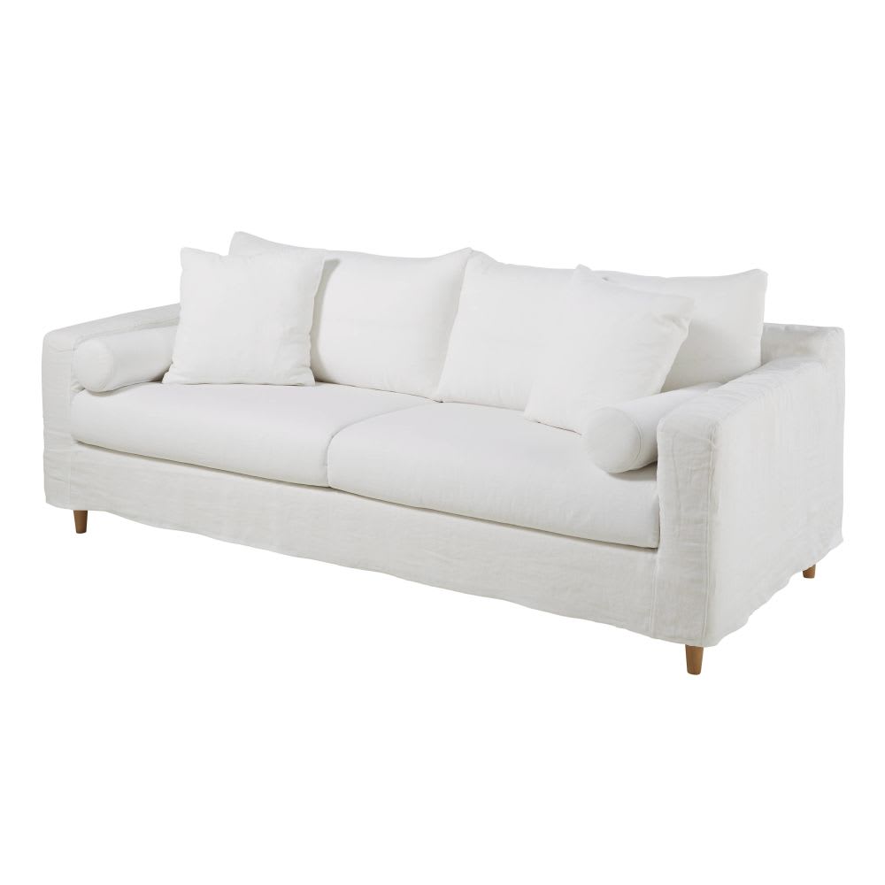 White 4Seater Washed Linen Sofa Bed Francisco Maisons du Monde