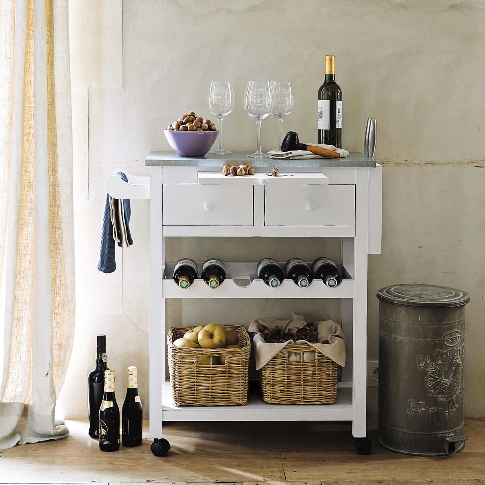 White Wood Kitchen Trolley with Wine Rack Maisons du Monde