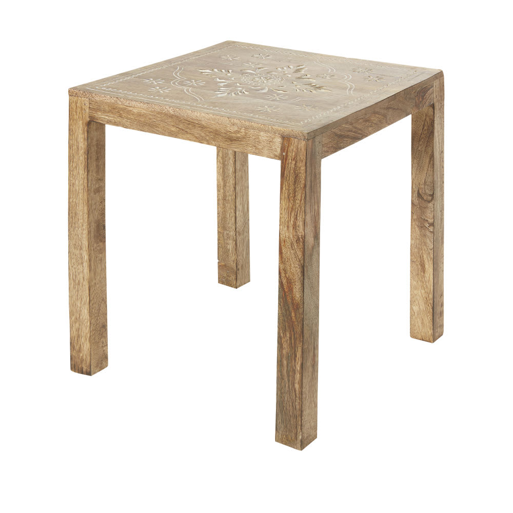 Whitewashed Carved Mango Wood Side Table H41 Kalia Maisons du Monde