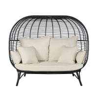 BODRUM BUSINESS - 2/3-Sitzer-Gartensofa für die gewerbliche Nutzung aus schwarzem Kunstharz mit ecrufarbenem Kissen