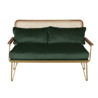 ROSALIE - 2/3-Sitzer-Sofa mit grünem Samtbezug und Rattangeflecht