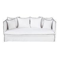3/4-Sitzer-Sofa aus gewaschenem Leinen, weiß mit schwarzen Volants 3/4-Sitzer-Sofa aus gewaschenem Leinen, weiß mit schwarzen Volants