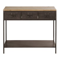 WAYNE - Aged, distressed metal and solid pine console table with 3 drawers