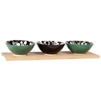 KEMBE - Aperitifschüsseln aus Steinzeug, Set aus 3, grün, schwarz und weiß, mit Tablett aus Bambusholz