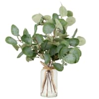 Artificial olive branches in clear glass pot