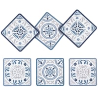 Bases de copos com estampado de azulejos azul, cinzento e cru (x6)