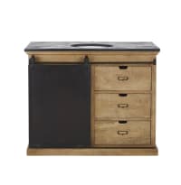 GERMAIN - Basin unit in solid mango wood, slate-style stone and patina aged-effect metal with 1 door and 3 drawers