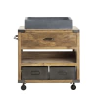 HELMARD - Basin unit on castors in solid mango wood and metal with 1 drawer and 2 storage compartments