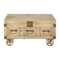 LAITONA - Baúl de madera de mango y metal dorado con ruedas
