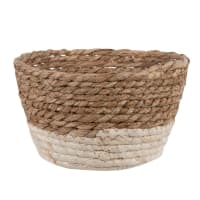 Beige corn fibre and plant fibre hand-woven basket