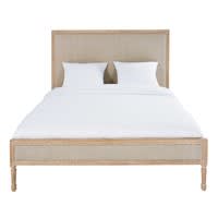 Bett aus geweißtem Mangoholz mit Leinenbezug, 140x190 Bett aus geweißtem Mangoholz mit Leinenbezug, 140x190