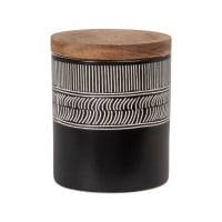 STAVANGER - Black and ecru stoneware pot with acacia lid H11cm