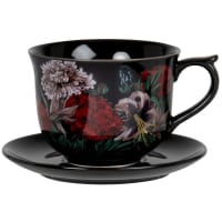 Set of 2 - Black and gold stoneware cup and saucer with multicoloured print