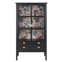 LULLY - Black pine display cabinet with 2 doors, 2 drawers and foliage-print back