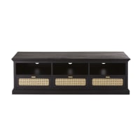 CESAREE - Black TV stand with 3 drawers and Woven Rattan
