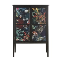 GUIDO - Black wooden storage unit with 2 doors and painted foliage motif
