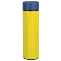 Blue and yellow stainless steel insulated flask