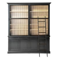 Bücherregal aus Kieferholz mit Leiter, schwarz Bücherregal aus Kieferholz mit Leiter, schwarz