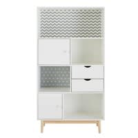 Bücherschrank mit 2 Türen und 2 Schubladen, weiß mit Motiven Bücherschrank mit 2 Türen und 2 Schubladen, weiß mit Motiven