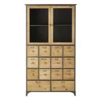 PATTERSON - Cabinet de rangement 2 portes en verre trempé et 14 tiroirs noir