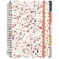 Caderno de notas branco com separadores e motivos multicolores