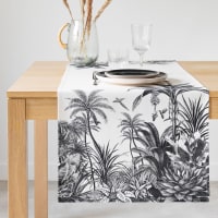 PARADISE - Caminho de mesa em algodão biológico com estampado tropical preto e branco 48x150