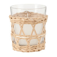 Candela con vasetto in vetro e base intrecciata Candela con vasetto in vetro e base intrecciata